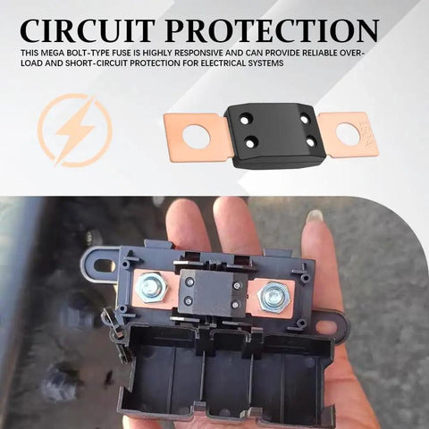 Premium 150 Amp MEGA Bolt Down Fuse For Trucks Cars And Boats 32V High Current Pure Copper Automotive Circuit Protector visible in hand.
