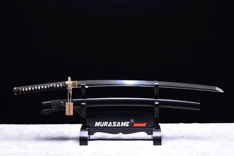 Katana Sword With T10 Steel, Clay Tempered For Real Sharp Edge, Battle Ready Hand Forged Blade With Hamon, Brass Tsuba displayed