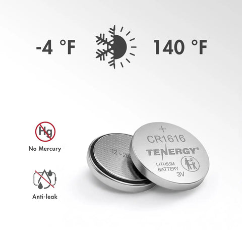 Top Shelf CR1616 3V Lithium Coin Cell Batteries 5 Pack Ready To Go Button Cells showing anti-leak design and operating temperature range.