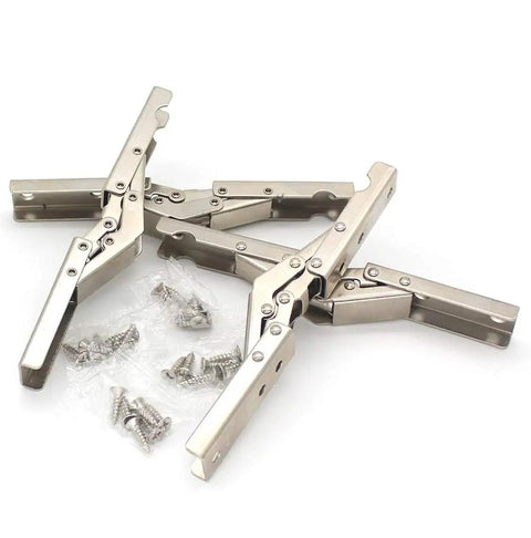 90 Degree Folding Door And Shelf Hinge With Hidden Bracket Table Holder displayed with screws, heavy duty steel, four pack.