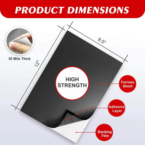 Magnetic Metal Sheets With Adhesive Backing, 3 Pack, 8.5 By 12 Inches, 30 Mil Thick, flexible sheet diagram with dimensions and layers.