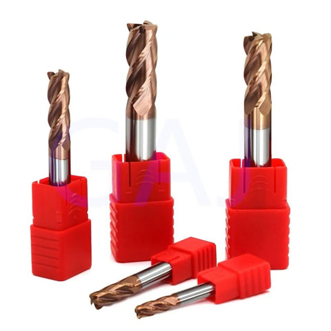 Heavy Duty 4 Flute Carbide End Mill Cutter With Tungsten Alloy Coating For Steel Metal Milling, various sizes in protective red holders.