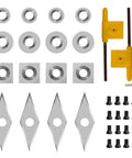 Front view of 35-piece carbide lathe inserts set for wood turning; includes square, round, and diamond inserts with screws and Allen wrench.