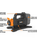 Beast 20V Water Transfer Pump With PowerShare Battery System Delivers 5.75 GPM, side view showing features and labeling.