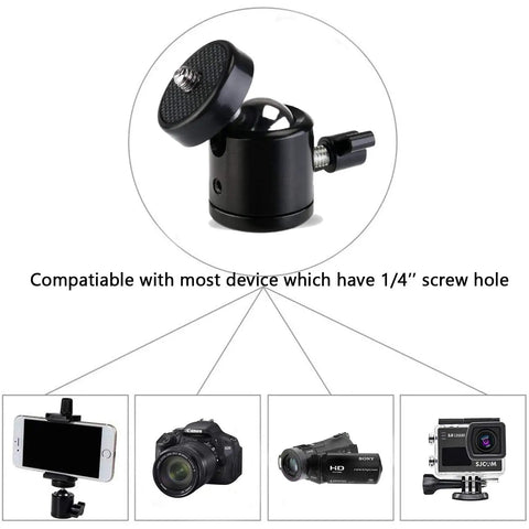 Quad Pack Quarter Inch Swivel Mini Ball Head Mount for Tripods and Stands 360 Degree Rotating Base Adapter, black aluminum alloy, 1/4-inch thread with camera, phone, camcorder, and action cam use
