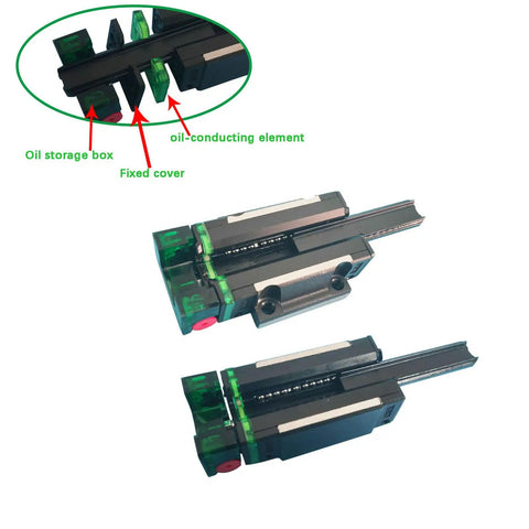 Two Pack 15mm EG15 Flange Bearing Slider Block And Two E2 Oil Boxes Self Lubricating Assembly displayed assembled parts