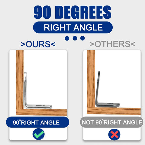 Comparison of sturdy heavy duty 24 piece stainless steel L bracket corner brace with 48 screws for shelves showing correct right angle support.