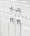 30 Pack Brushed Satin Nickel Cabinet Knobs for kitchen cabinets and dresser drawers installed on white cabinet