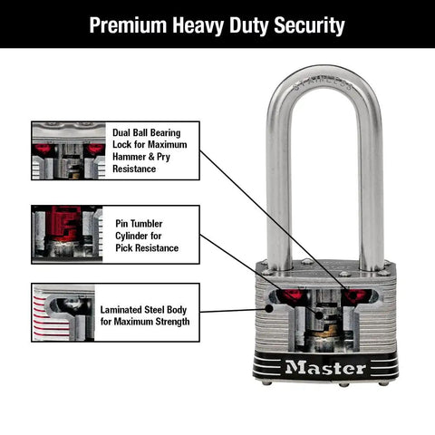 Stainless Steel Outdoor Padlock with Key, 4 Pack Keyed Alike, Marine Grade Security Lock showing dual ball bearing and pin tumbler.