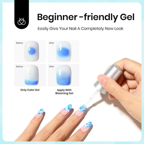 Blooming Gel Nail Polish HEMA Free 20ml Kit with brush creating marble effects on nails, shown with before and after images.