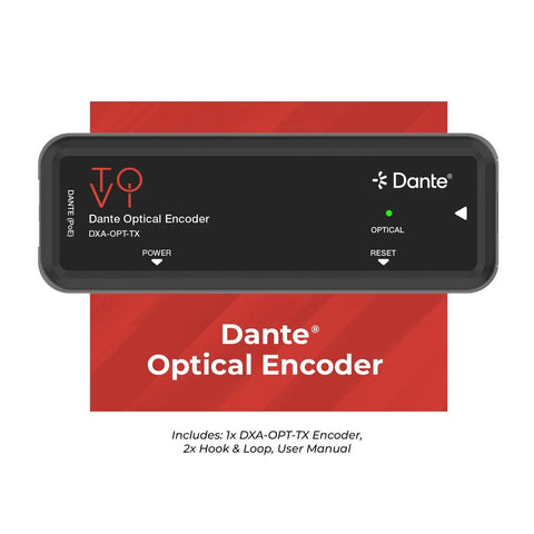 Ultimate ToVi Dante Optical Encoder Turns Toslink Into Network Streaming With Dual Channel Audio Over Ip For Pro A V Systems Featuring Low Latency And PoE Or Usb Power, front view with power and optical indicators.