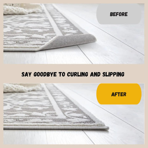 Before and after using 16 Pack Anti Slip Rug Tape Double Sided Carpet Grip For Hardwood Floors And Tiles Prevents Slipping Curling And Bunching On Area Rugs No Slip Pad That Stays Put, showing elimination of curling on gray patterned rug.