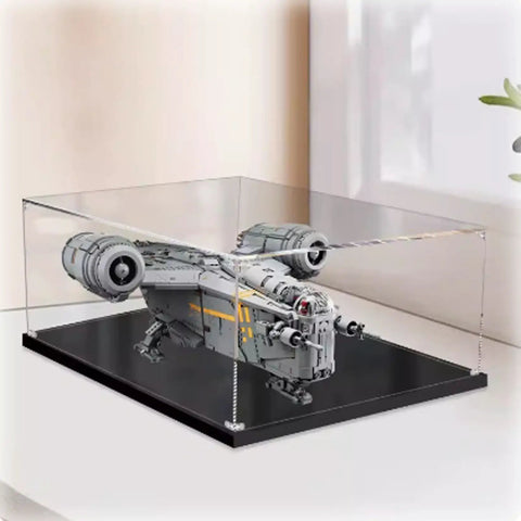 Clear Acrylic Display Case For 75331 Razor Crown Airship Model on shelf, 29.5x21.6x11.8 in, 3mm thick, no glue, transparent, protective film