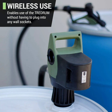 Hella Smooth Telescopic Electric Drum Pump Bundle With Battery Powered Operation and Quick Five To Seven GPM Flow, detail of pump handle and battery check.