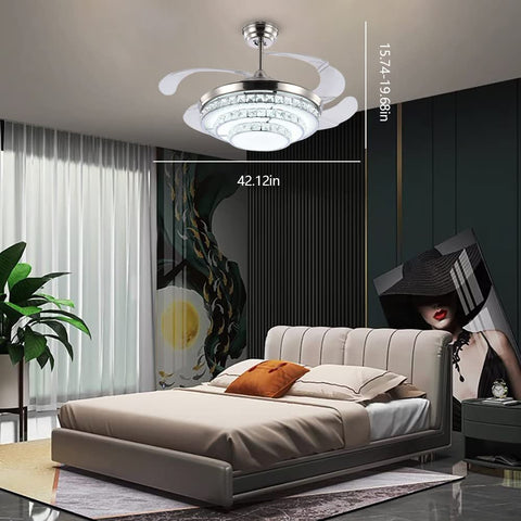Dope Modern K9 Crystal Ceiling Fan With Lights And Remote in bedroom, 42in diameter, 110V, retractable blades, chandelier feature