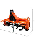 Beastly Three Point Rotary Tiller for Class 1 Tractors, 3.8 Foot Wide, 540 RPM PTO, side angle view with dimensions