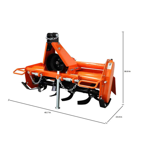 37 Inch 3 Point Rotary Tiller Attachment For Cat 1 Tractors 15 To 25 HP With 540 RPM PTO Drive, orange, side view, dimensions shown.