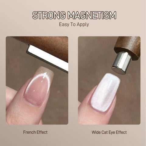 3 In 1 Cat Eye Nail Magnet Kit For DIY Manicures showing magnetic tool creating French and wide cat eye effects on nails.
