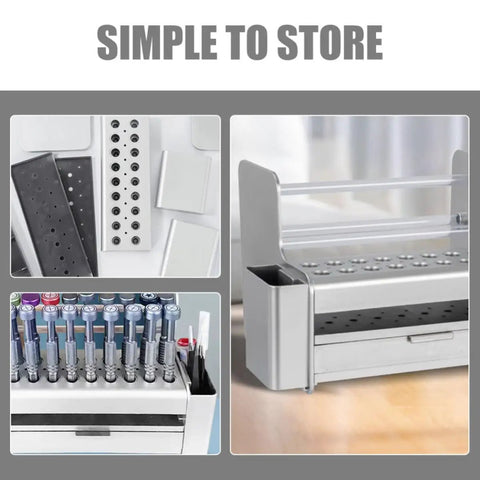 Slick Desktop Tool Organizer With Easy Slide Drawer And Tough Poly Build For Locking In Screwdrivers displaying storage slots and tools.