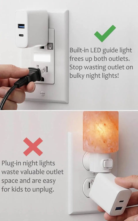 Wall Outlet With Night Light 10 Pack White, frees up every outlet with built-in LED night lights, tamper-resistant shutters.