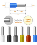 Diagram of yellow insulated barrel terminals 2.5mm2 with dimensions, part of 500Pcs AWG14 Wire Ferrules Kit for industrial wiring.