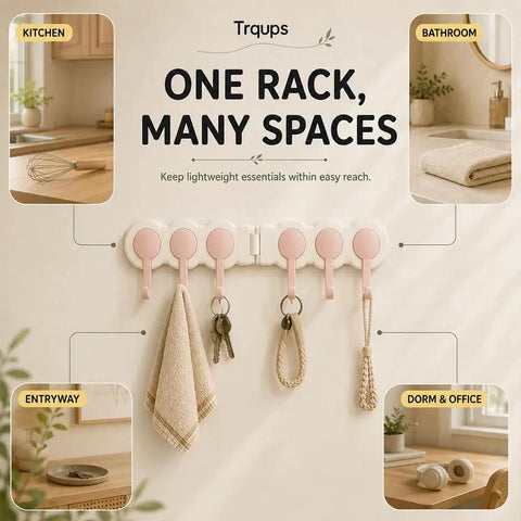 Six Hook Wall Rack Swivels 180 Degrees For Home Use No Hangups Peel Mount Shields Drywall While Securing Towels Keys Firmly.