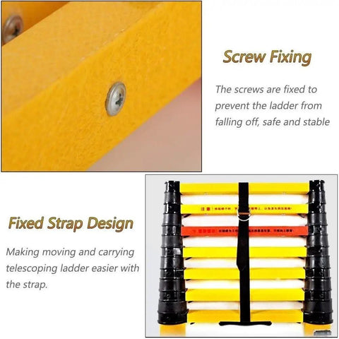 Rock Solid Fiberglass Telescoping Ladder For Electrical Work And Home Attic Tasks With Non Conductive Build showing screw fixing and fixed strap design.
