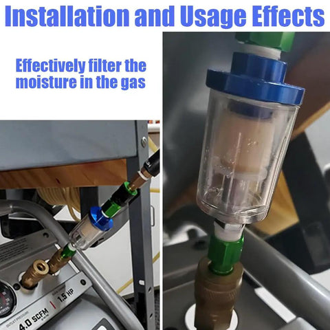 Heavy Duty Inline Air Water Separator For Spray Guns And Pneumatic Tools, Blocks Moisture And Particles Cold, Quarter Inch Npt Fitting, Keeps Your Compressor Setup Squeaky Clean, 90 Psi, 4 Pack connected to compressor setup, showing clear body and fittings.