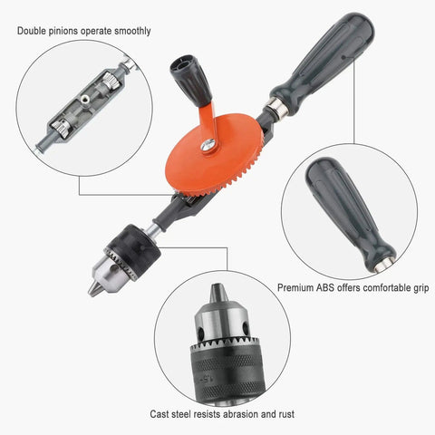 No-Fuss Manual Hand Drill 3/8 Inch Capacity With Precision Cast Steel Chuck, Double Pinions, Bi-Directional Rotation, Ideal For Wood Plastic Acrylic Circuit Boards, Easy Crank Punching Tool Orange