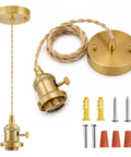 Slick Polished Brass Pendant Light Cord Kit With Heavy Duty Braided Textile Wire And Secure E26 Lamp Base with mounting hardware.