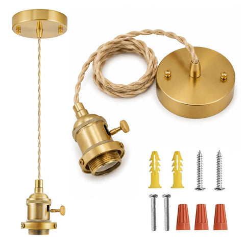 Slick Polished Brass Pendant Light Cord Kit With Heavy Duty Braided Textile Wire And Secure E26 Lamp Base with mounting hardware.