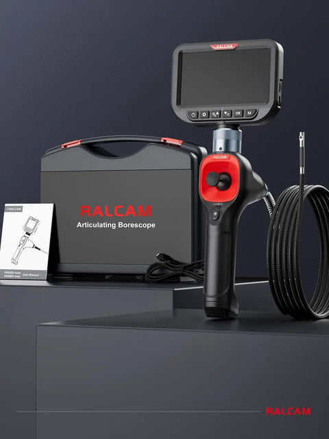 360 Degree Articulating Borescope With Dual Front And Side Lenses, 4 Way Joystick Control, Narrow 0.25 Inch Slim Probe For Tight Spaces, Pro Grade Dual View Diagnostics For Automotive, Plumbing, And Industrial Inspection on case and display