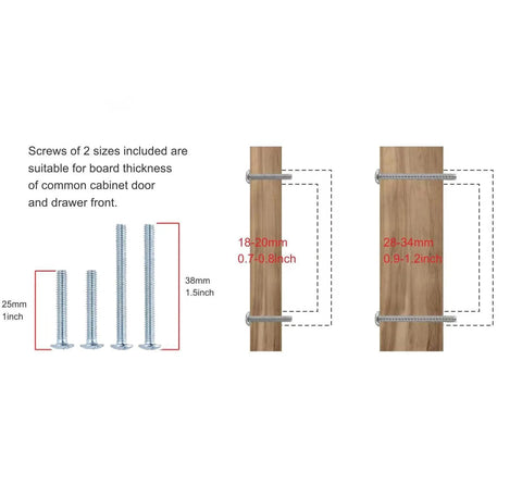 Diagram showing screw sizes for 5 Inch Brushed Brass Cabinet Pulls 10 Pack with installation on wood panel, two screw lengths displayed.