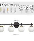 4 Light Vanity Fixture In Black Gold Finish With Milky Frosted Glass Shades, mounted on wall with bulb types shown
