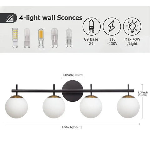 4 Light Vanity Fixture In Black Gold Finish With Milky Frosted Glass Shades, mounted on wall with bulb types shown
