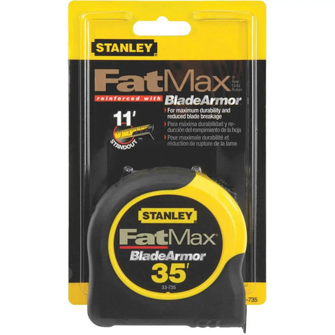 Stanley FatMax 35 ft tape measure with BladeArmor packaging, showing reinforced durability features.