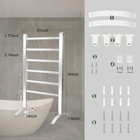 Towel Warmer for Bathroom with Timer and Wall Mounted Plug In Design, 6 Bar Heated Towel Rack dimensions and installation kit.