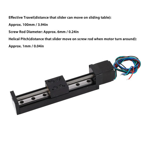 Precision Mini Linear Rail Slide Actuator With A Solid 28Mm Stepper Motor And Sweet 100Mm Travel For Cnc Stage Assemblies showing 100mm stroke and 6mm screw.