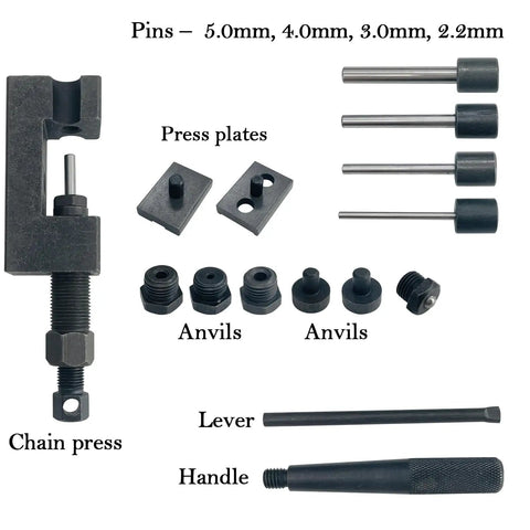 Motorcycle Chain Breaker Set 16 Piece Chain Removal Tool Kit With Chain Cutter And Riveter components displayed