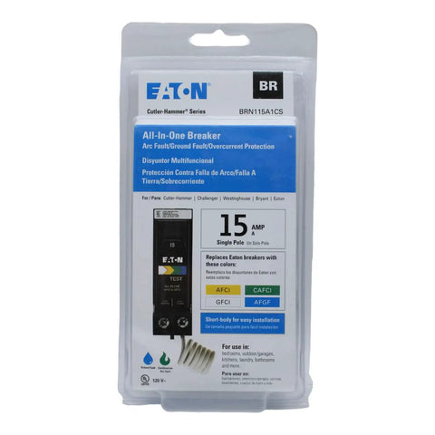 Packaged One Pole 15 Amp Dual Function Arc Fault And Ground Fault Circuit Breaker For Home Use With AFCI And GFCI Protection