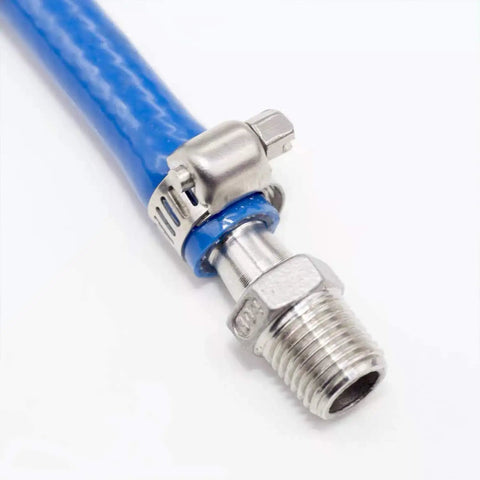 Close-up of Beefed-Up Stainless Steel Hose Clamp 27-51mm 1-2 Inch Worm Gear Band Clamp on blue hose for fuel lines