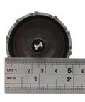 Front view of a 2-inch carbide-tipped hole saw with a steel body and center pilot bit beside a ruler for scale