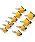 Rock Solid Fifty Piece Router Bit Set Featuring Quarter Inch Shank, ten yellow milling cutters arranged on a white background.
