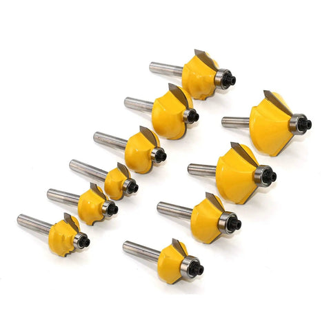 Rock Solid Fifty Piece Router Bit Set Featuring Quarter Inch Shank, ten yellow milling cutters arranged on a white background.