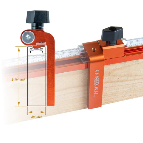 Two And A Quarter Inch T Track Flip Stop With Pro Grade Adjustable Fence Repeater And Indexing Cursor For Precise Repeats In The Shop Calibratable Hairline Readout attached to a wooden board showing dimensions.
