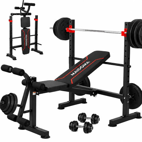 All-In-One Adjustable Weight Bench With Leg Extension And Curl, Foldable Flat Incline Decline Bench Press Squat Rack setup