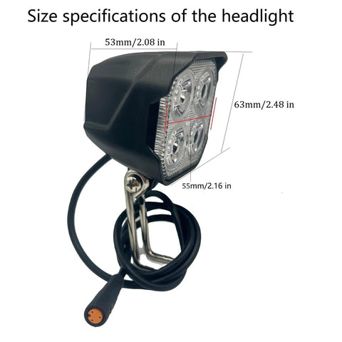 High Visibility E Bike Horn Front Light With 3 Pin Connector showing dimensions and design features.
