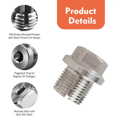 Heavy Duty Stainless Steel Oversize M14 X 1.5 Piggyback Oil Drain Plug For Cars With Self Tapping Thread Fix And Free L Wrench Plus O Ring Seal, SUS 304
