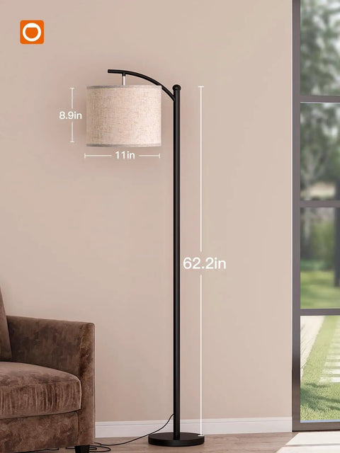 Floor Lamp With 3 Color Temperatures 3000K 4500K 6500K, Linen Lampshade, 9W LED Bulb Included, Black Base Beige Shade in living room