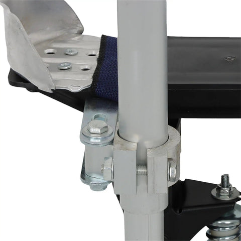 Close-up of Adjustable Drywall Stilts 15 To 23 Inch Aluminum Tool Stilts showing metal clamps and adjustable braces for stability.